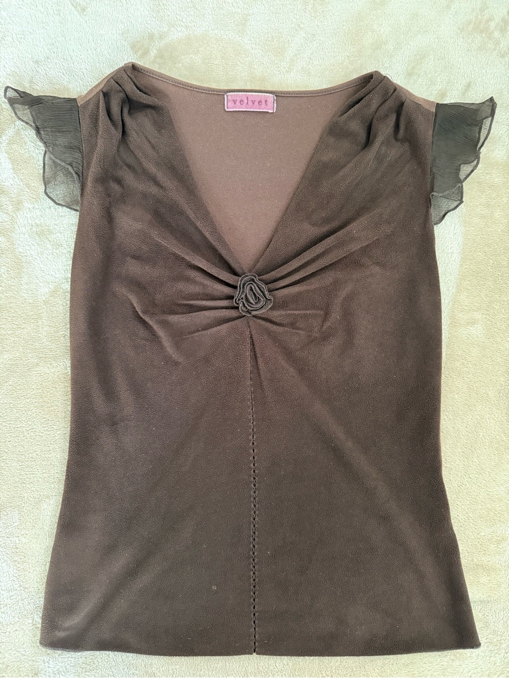 Velvet Brown V-Neck Rosette Flutter Sleeve Tee